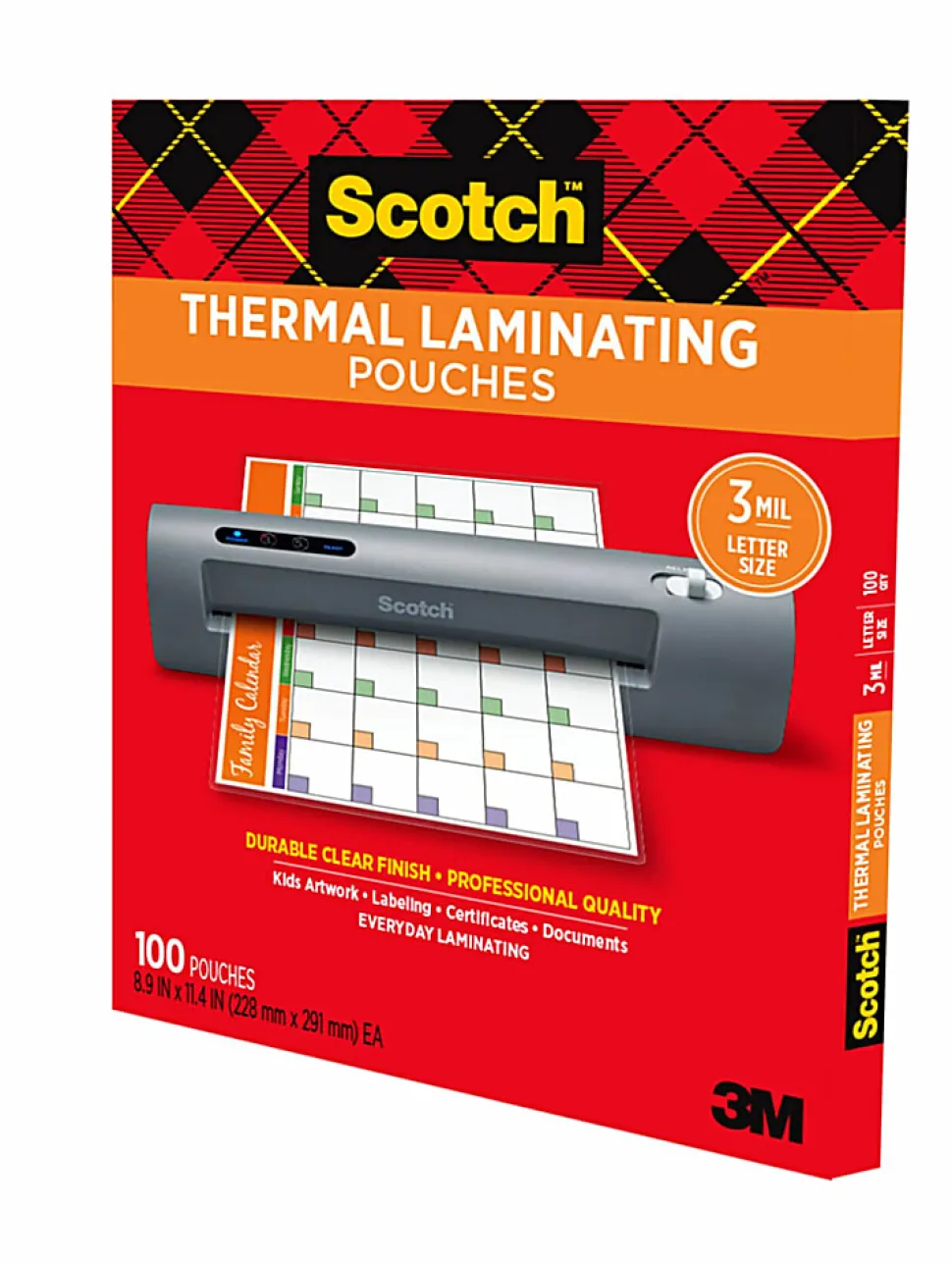 Scotch® Thermal Laminating Pouches, 8.9" x 11.4", 100 Laminating Sheets, 3 mil., Fits Letter Size, 100/Pack