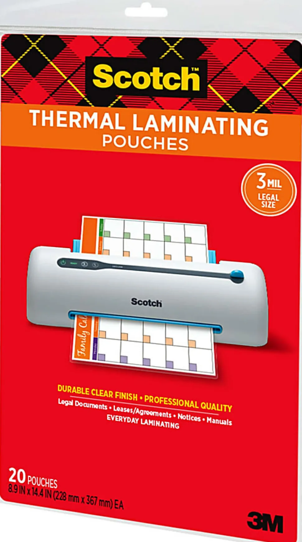 Scotch® Thermal Laminating Pouches, 8.9" x 14.4", 20 Laminating Sheets, Fits Legal Size, 20/Pack
