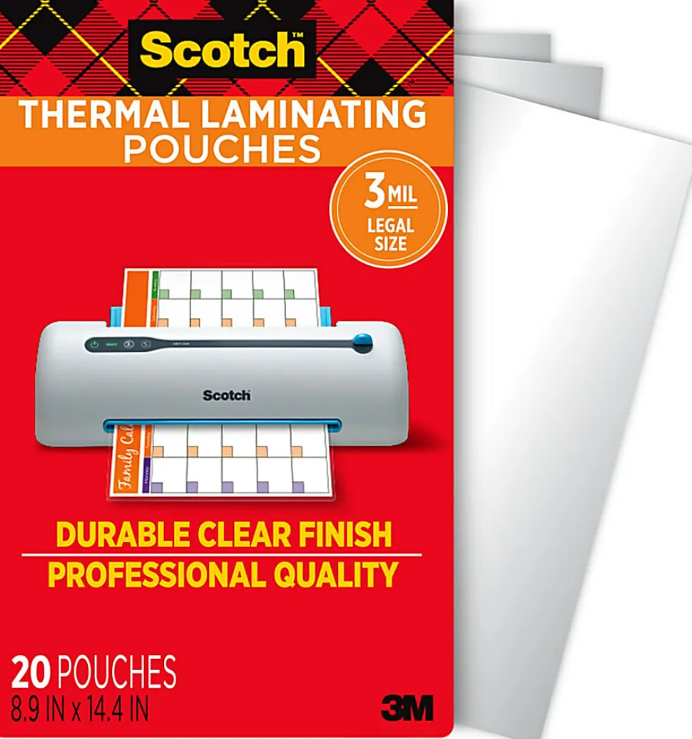 Scotch® Thermal Laminating Pouches, 8.9" x 14.4", 20 Laminating Sheets, Fits Legal Size, 20/Pack