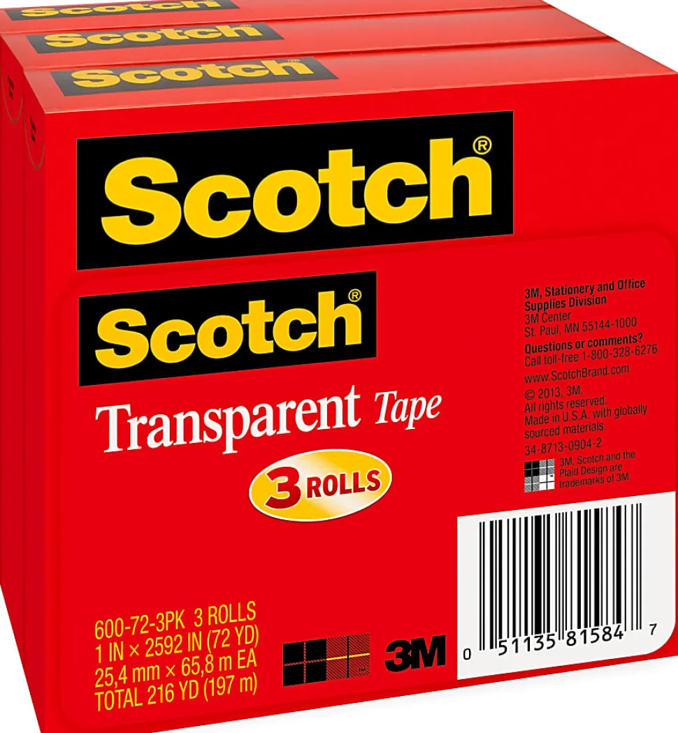 Scotch® Transparent Tape, 1 in x 2592 in, 3 Tape Rolls, Clear, School Supplies and College Essentials for Students and Teachers