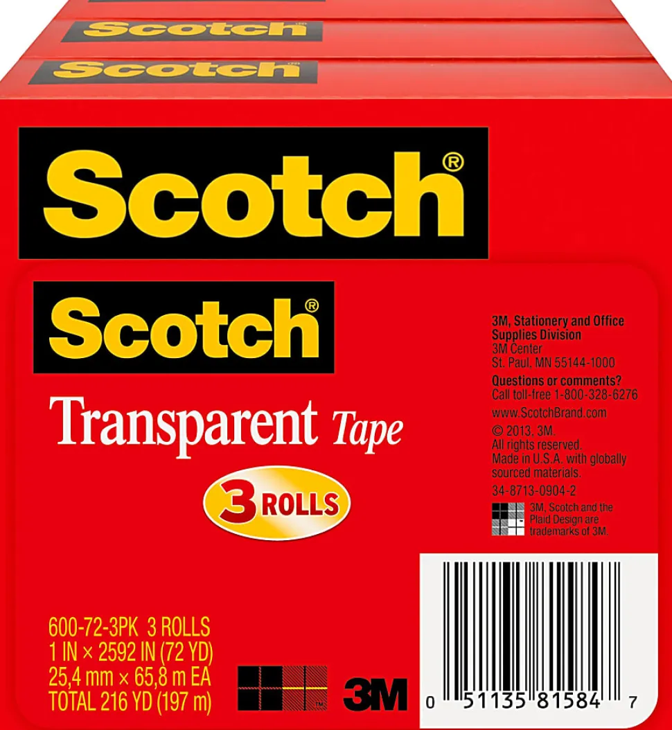 Scotch® Transparent Tape, 1 in x 2592 in, 3 Tape Rolls, Clear, School Supplies and College Essentials for Students and Teachers