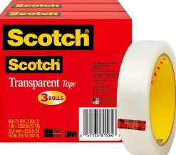 Scotch® Transparent Tape, 1 in x 2592 in, 3 Tape Rolls, Clear, School Supplies and College Essentials for Students and Teachers