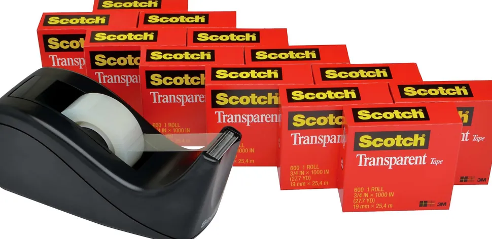 Scotch® Transparent Tape with Dispenser, 3/4 in. x 1000 in., 12 Tape Rolls, 1 Tape Dispenser, Back to School Supplies and College Essentials