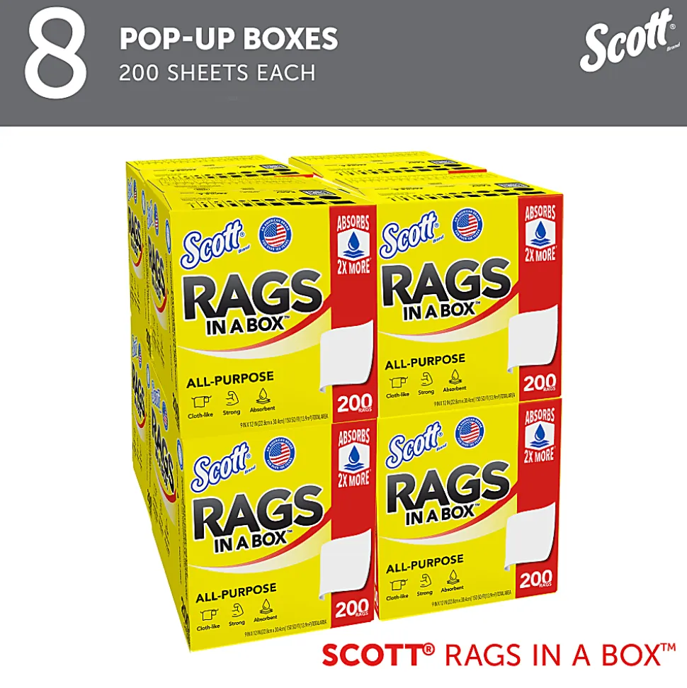 Scott® Rags In A Box, 9" x 12" Sheet Size, White, Box Of 200 Rags
