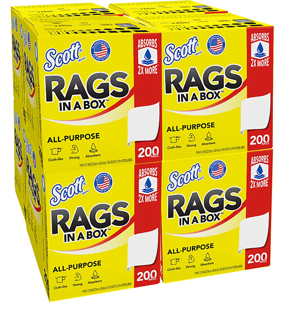 Scott® Rags In A Box, 9" x 12" Sheet Size, White, Box Of 200 Rags