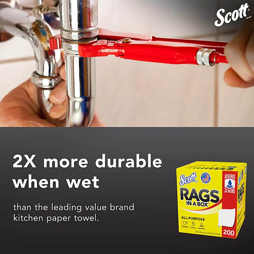 Scott® Rags In A Box, 9" x 12" Sheet Size, White, Box Of 200 Rags