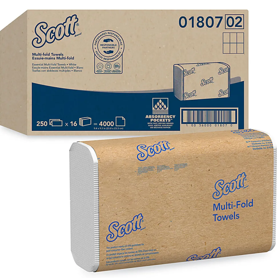 Scott® 100% Recycled Fiber Multifold Paper Towels, 9.2" x 9.4", White, 250 Towels Per Pack, Carton Of 16 Packs