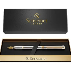 Scriveiner Classic Fountain Pen, Medium Point, 0.7 mm, Black/Gold Barrel, Black/Blue Ink