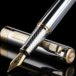 Scriveiner Classic Fountain Pen, Medium Point, 0.7 mm, Black/Gold Barrel, Black/Blue Ink