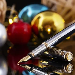 Scriveiner Classic Fountain Pen, Medium Point, 0.7 mm, Black/Gold Barrel, Black/Blue Ink