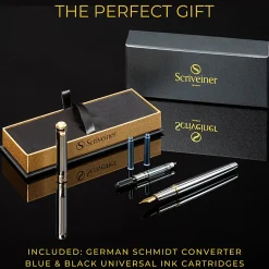 Scriveiner Classic Fountain Pen, Medium Point, 0.7 mm, Black/Gold Barrel, Black/Blue Ink