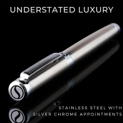 Scriveiner Classic Rollerball Pen, Medium Point, 0.7 mm, Steel/Silver Barrel, Black Ink