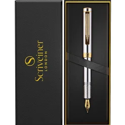 Scriveiner EDC Luxury Fountain Pen, Medium Nib, 0.7 mm, Silver Chrome Barrel, Black And Blue