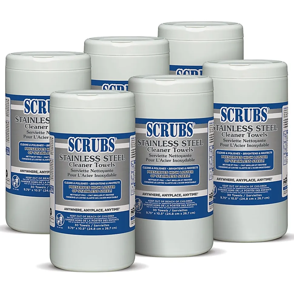 SCRUBS Stainless Steel Cleaner Wipes, Citrus Scent, 32 Oz Bottle, 30 Towel Per Pack, Case Of 6