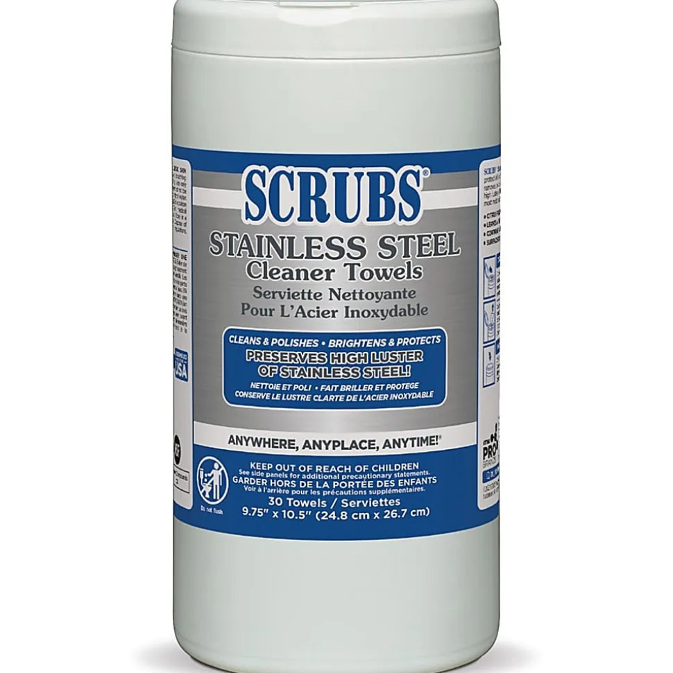 SCRUBS Stainless Steel Cleaner Wipes, Citrus Scent, 32 Oz Bottle, 30 Towel Per Pack, Case Of 6