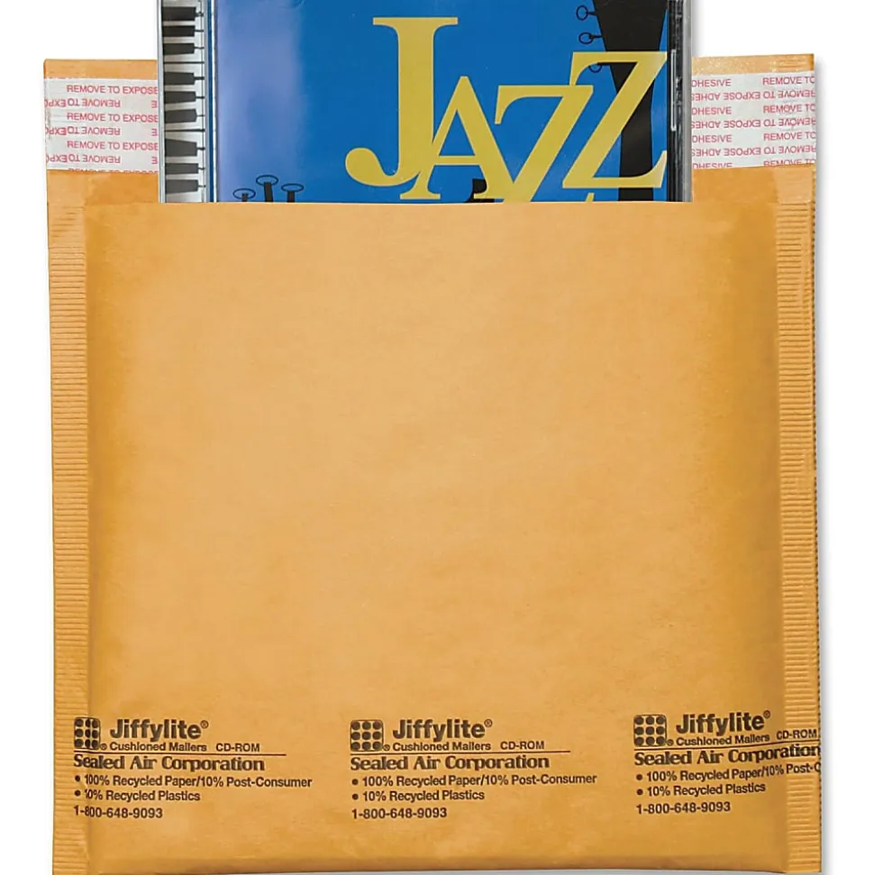 Sealed Air Jiffylite® Self-Seal CD/DVD Bubble Mailers, 7 1/4" x 8", 100% Recycled, Satin Gold, Pack Of 25