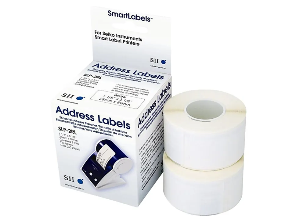 Seiko SmartLabel Address Labels, SKPSLP2RL, Rectangle, 1-1/8" x 3-1/2", White, 130 Labels Per Roll, Box Of 2 Rolls