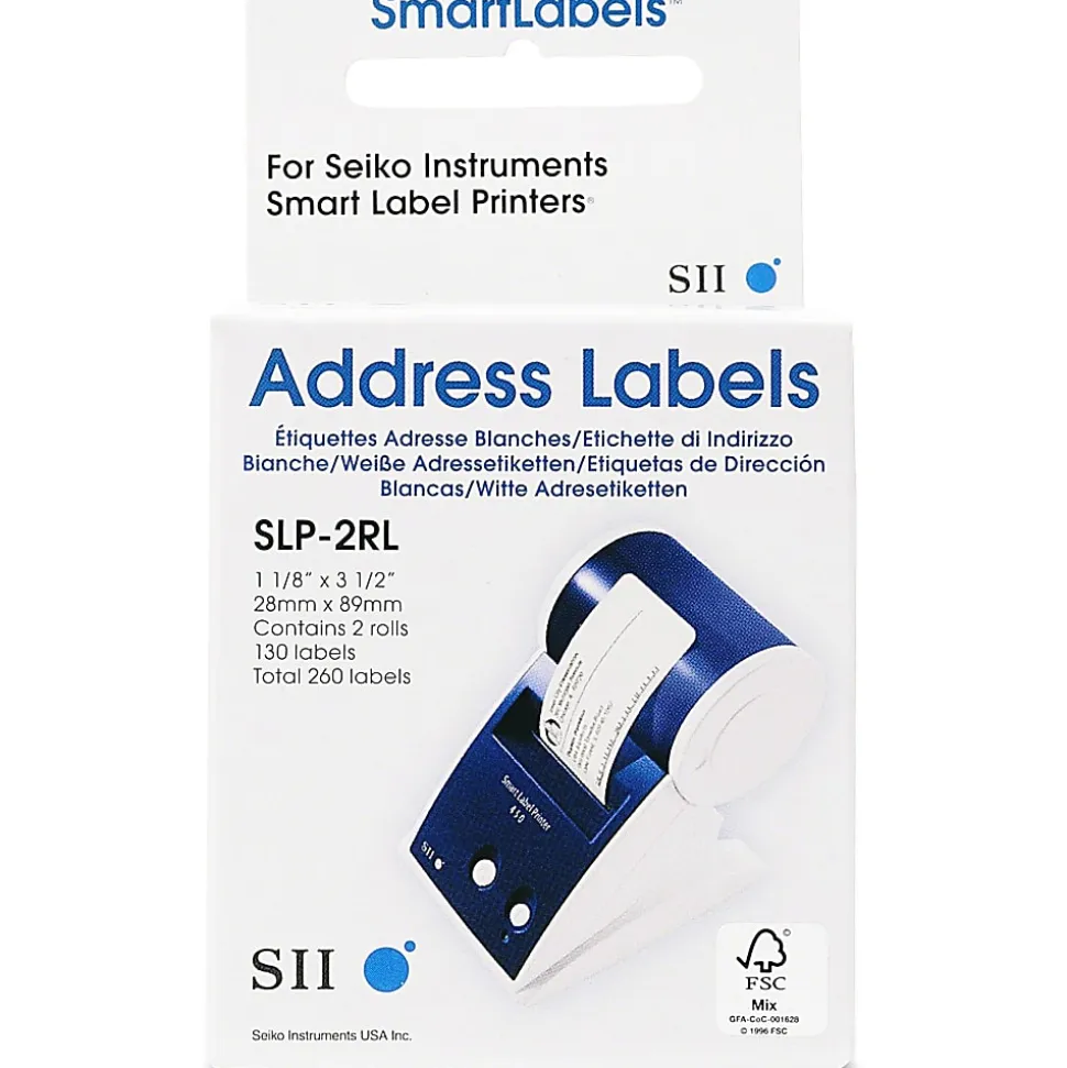 Seiko SmartLabel Address Labels, SKPSLP2RL, Rectangle, 1-1/8" x 3-1/2", White, 130 Labels Per Roll, Box Of 2 Rolls