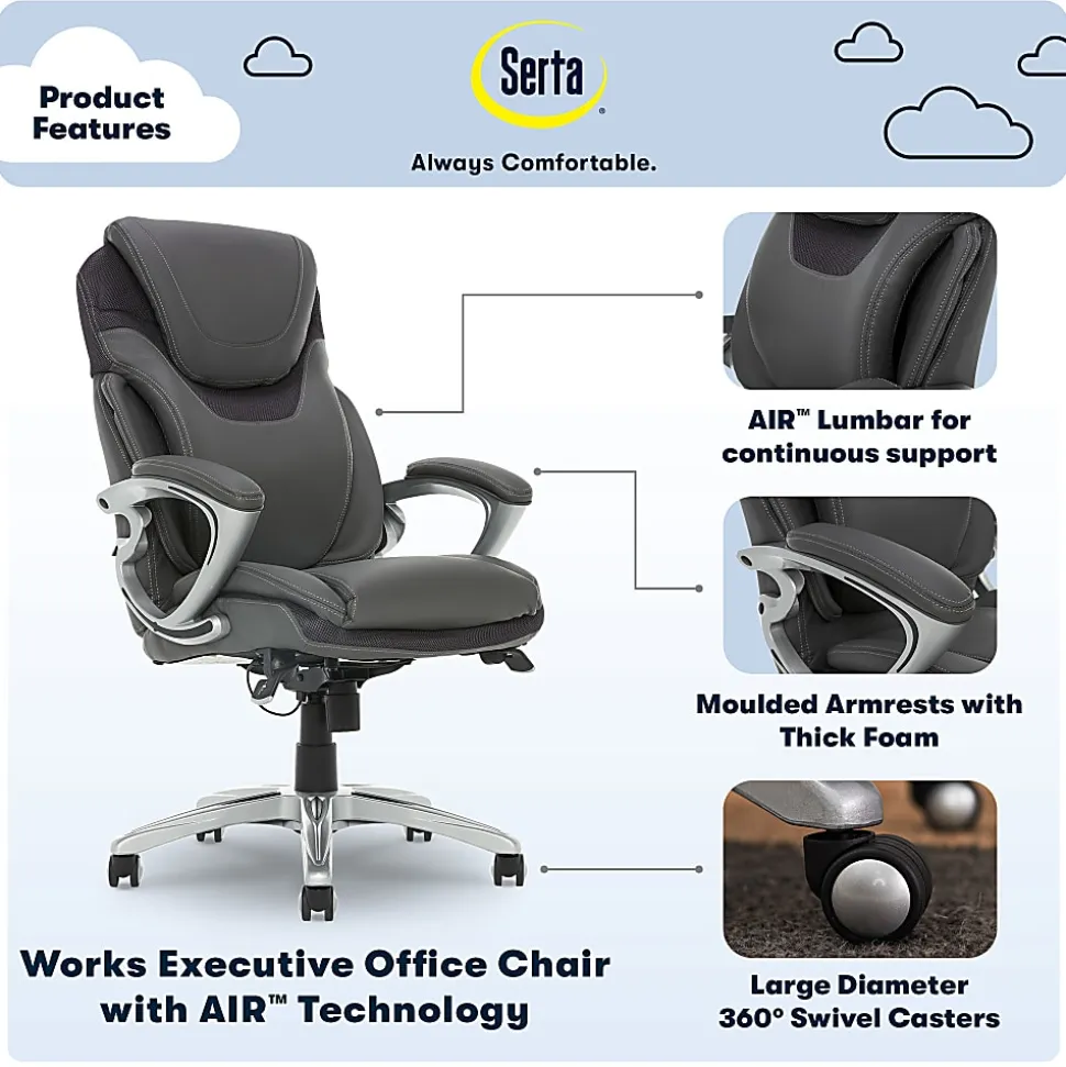 Serta®AIR™ Health & Wellness Ergonomic Bonded Leather High-Back Executive Office Chair, Light Gray