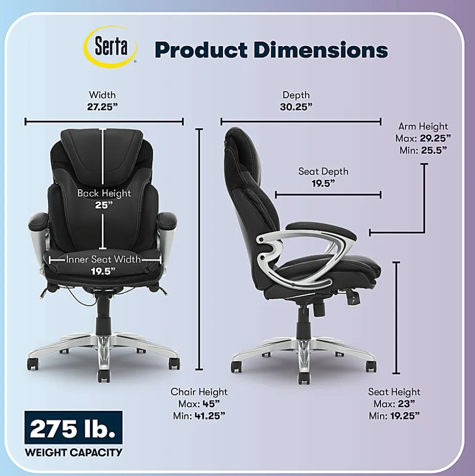 Serta® AIR™ Health & Wellness Ergonomic Bonded Leather High-Back Executive Office Chair, Black