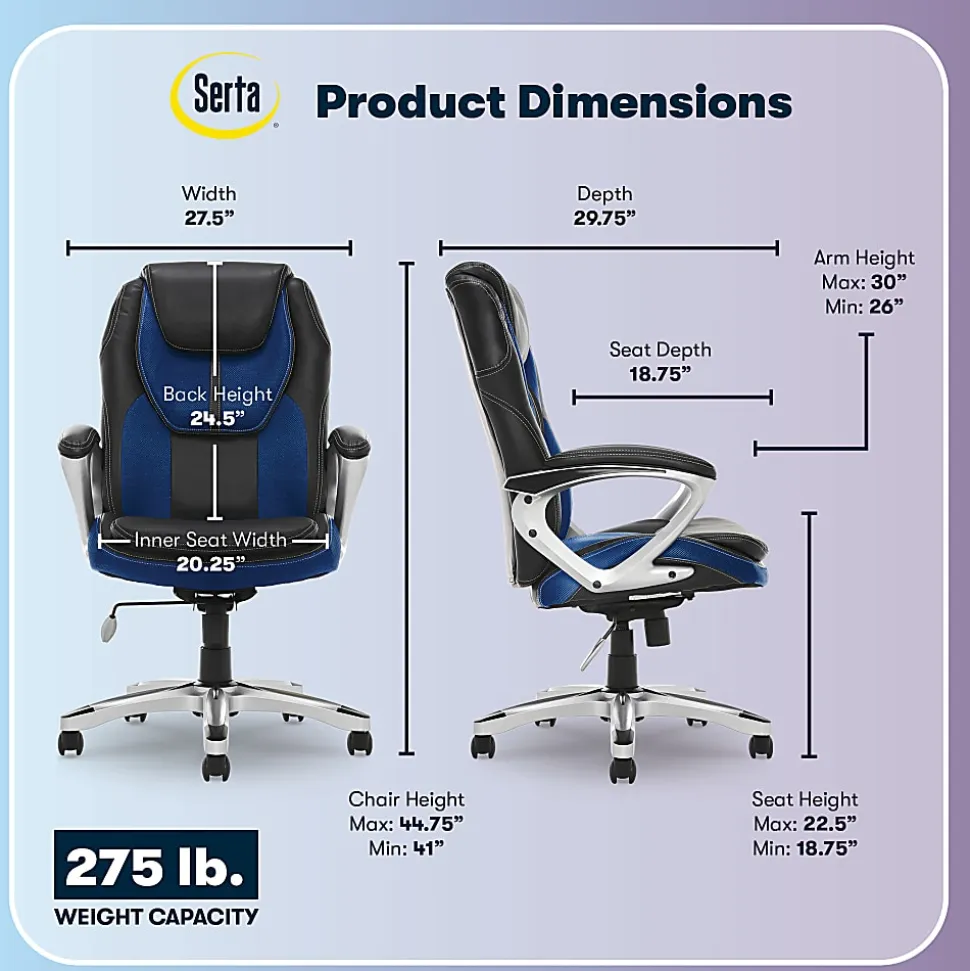 Serta® Amplify Bonded Leather/Mesh High-Back Office Chair, Streamline Blue/Silver