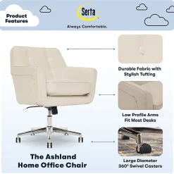 Serta® Ashland Home Bonded Leather Mid-Back Office Chair, Cream/Chrome