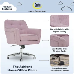 Serta® Ashland Home Mid-Back Office Chair, Twill Fabric, Lilac/Chrome