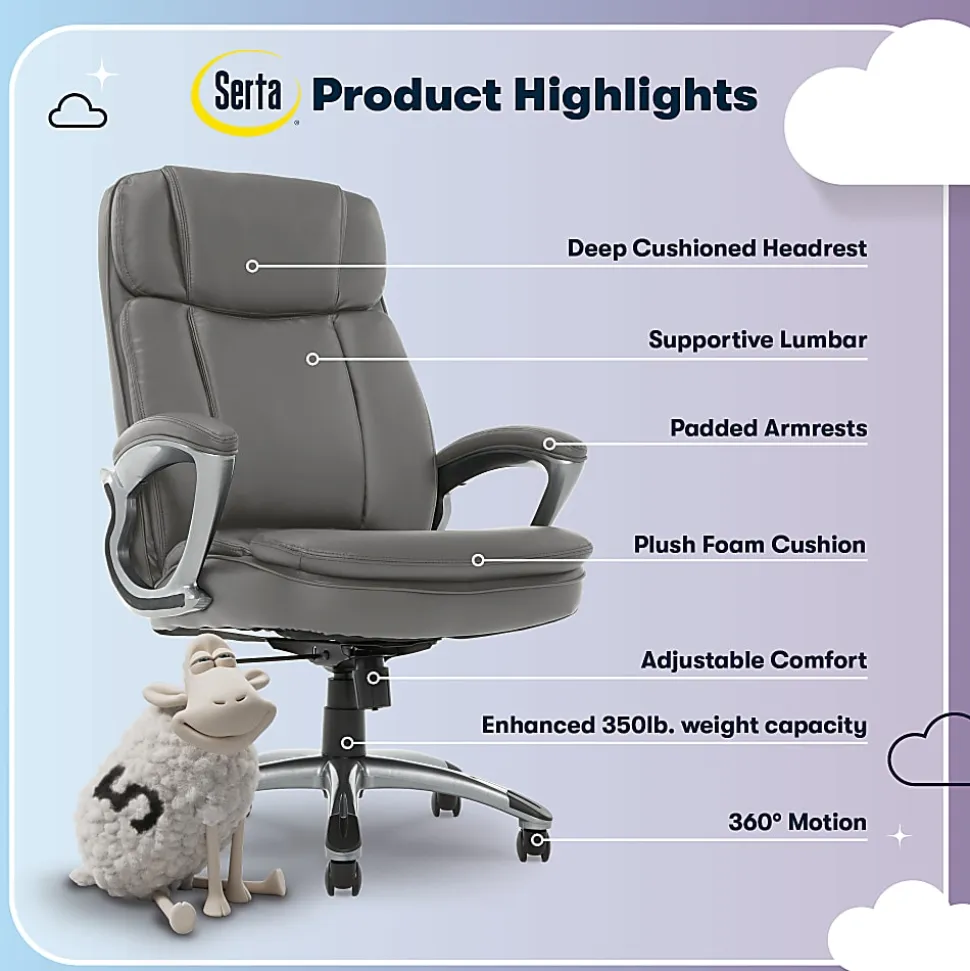 Serta® Big And Tall Ergonomic Bonded Leather High-Back Office Chair, Gray/Silver