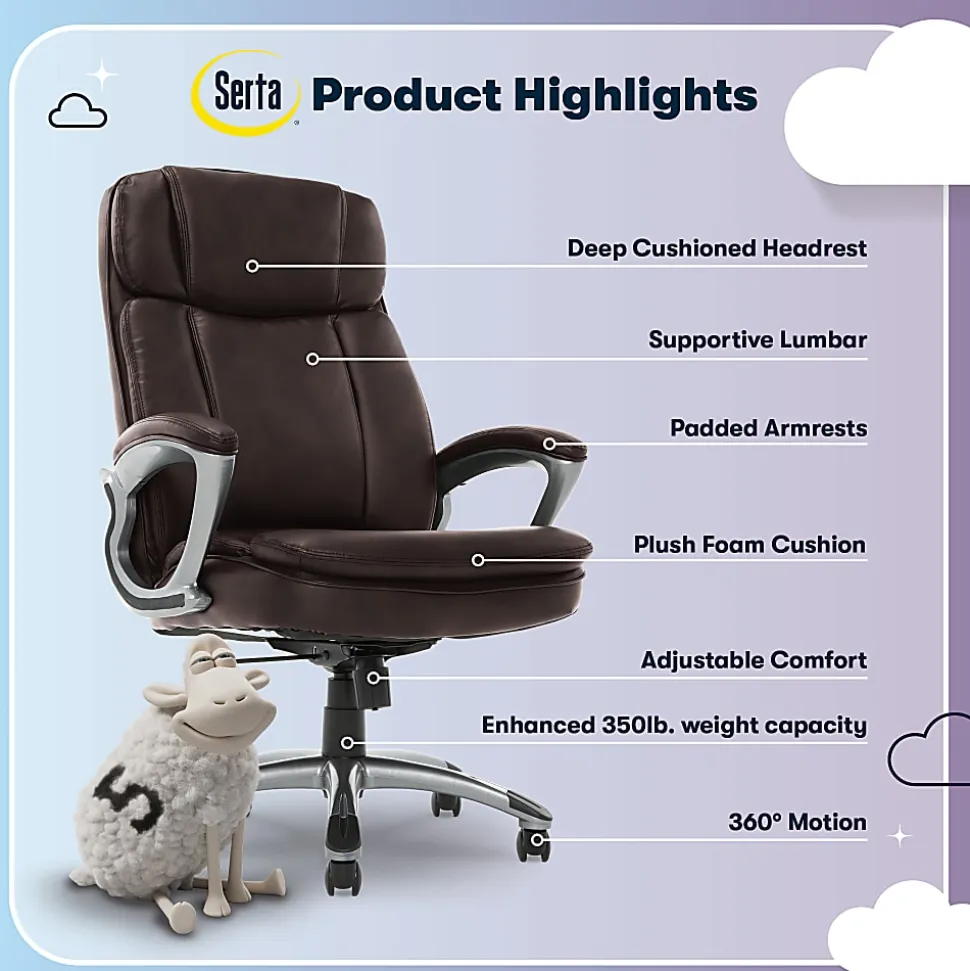 Serta® Big And Tall Ergonomic Bonded Leather High-Back Office Chair, Old Chestnut/Silver