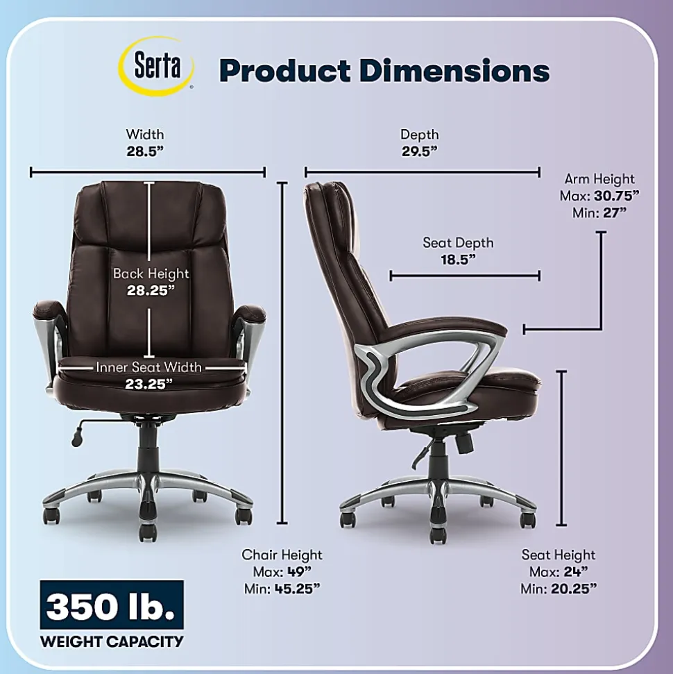 Serta® Big And Tall Ergonomic Bonded Leather High-Back Office Chair, Old Chestnut/Silver