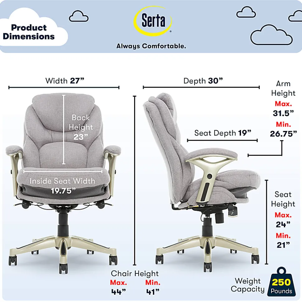Serta® Claremont Ergonomic Bonded Leather Mid-Back Office Chair, Light Gray/Silver