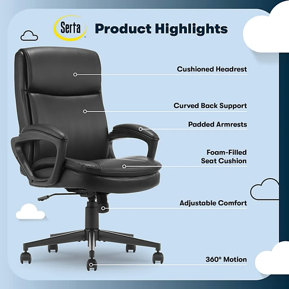 Serta® Comfort Ergo Ergonomic Bonded Leather Mid-Back Executive Office Chair, Black