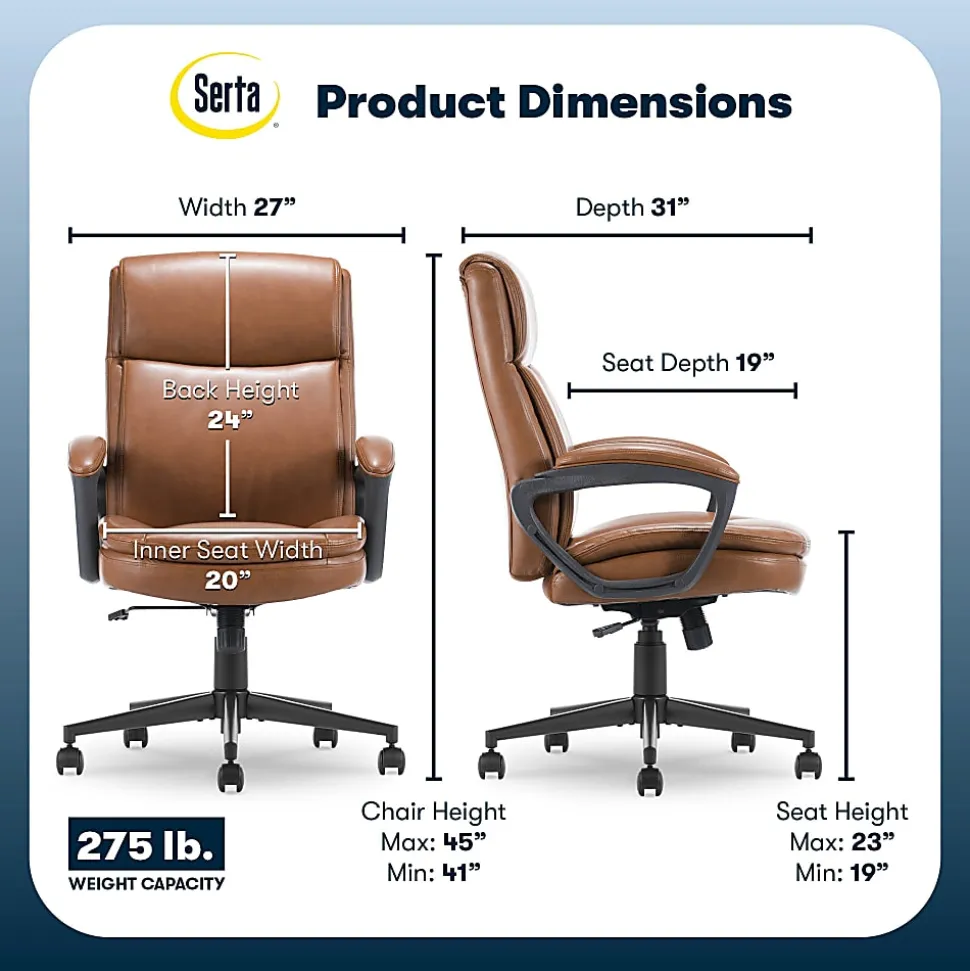 Serta® Comfort Ergo Ergonomic Bonded Leather Mid-Back Executive Office Chair, Cognac