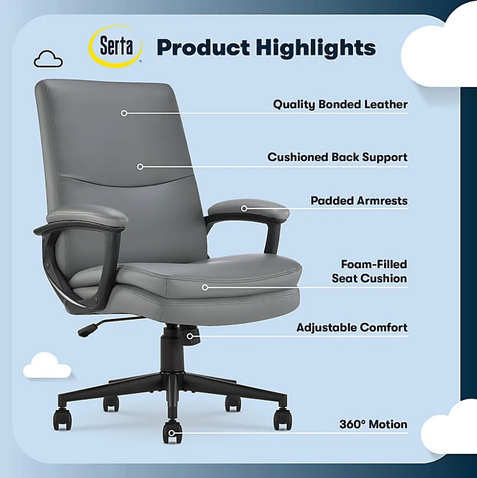 Serta® Comfort Modern Ergonomic Bonded Leather High-Back Executive Office Chair, Gray
