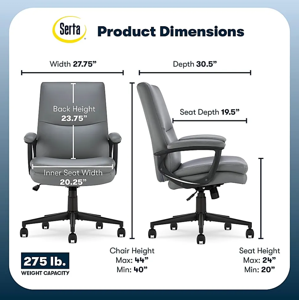 Serta® Comfort Modern Ergonomic Bonded Leather High-Back Executive Office Chair, Gray