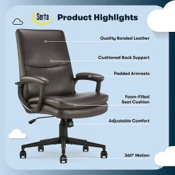Serta® Comfort Modern Ergonomic Bonded Leather High-Back Executive Office Chair, Brown