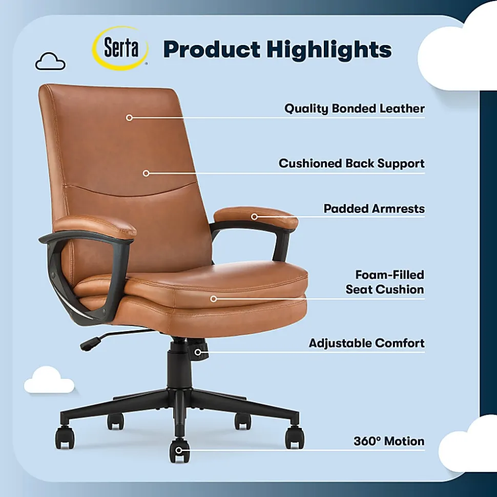 Serta® Comfort Modern Ergonomic Bonded Leather High-Back Executive Office Chair, Cognac