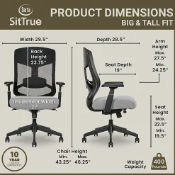Serta Commercial Eco-2000 Big & Tall Ergonomic Mesh High-Back Executive Office Chair, Gray