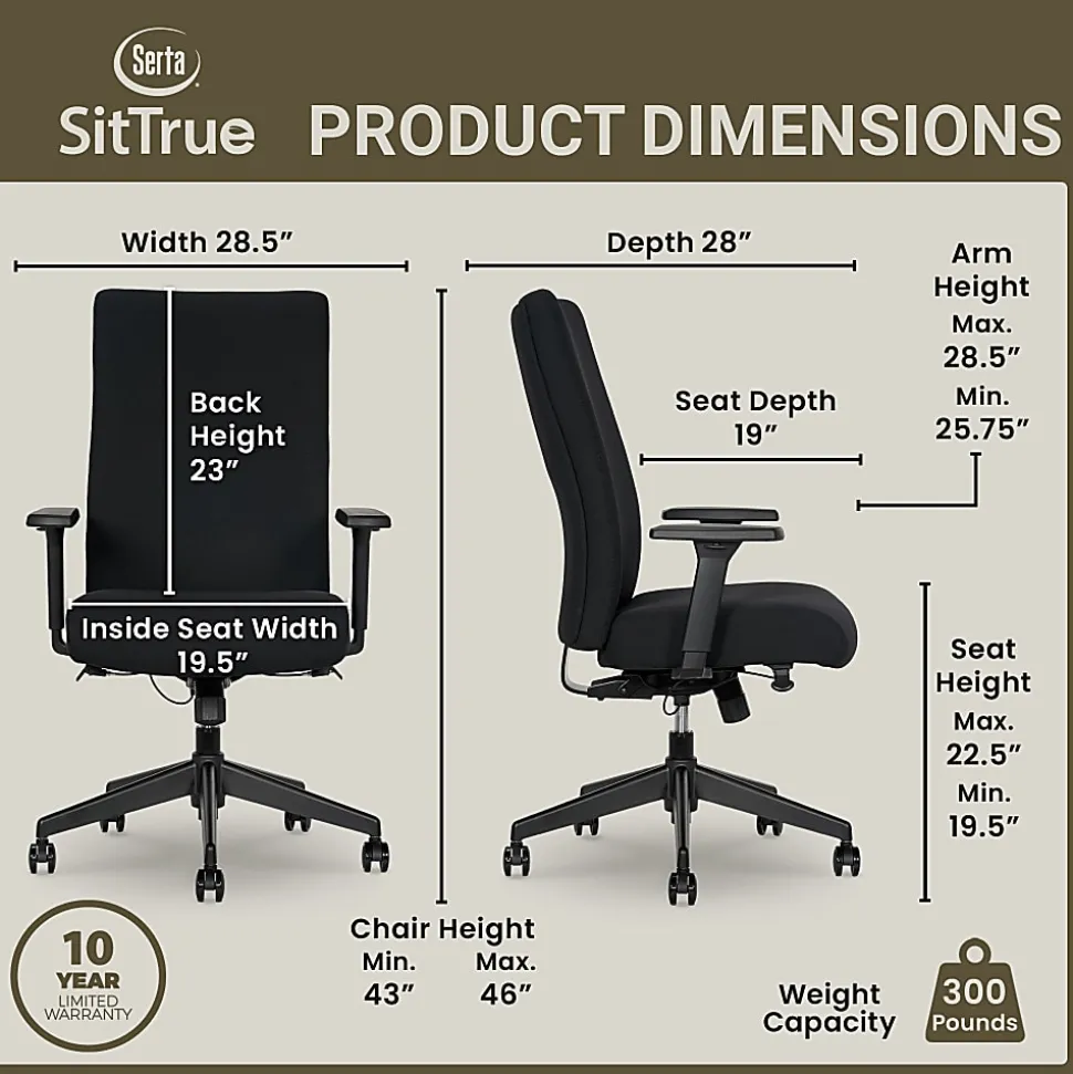 Serta® Commercial Eco-2000 High-Back Ergonomic Fabric Chair, Black