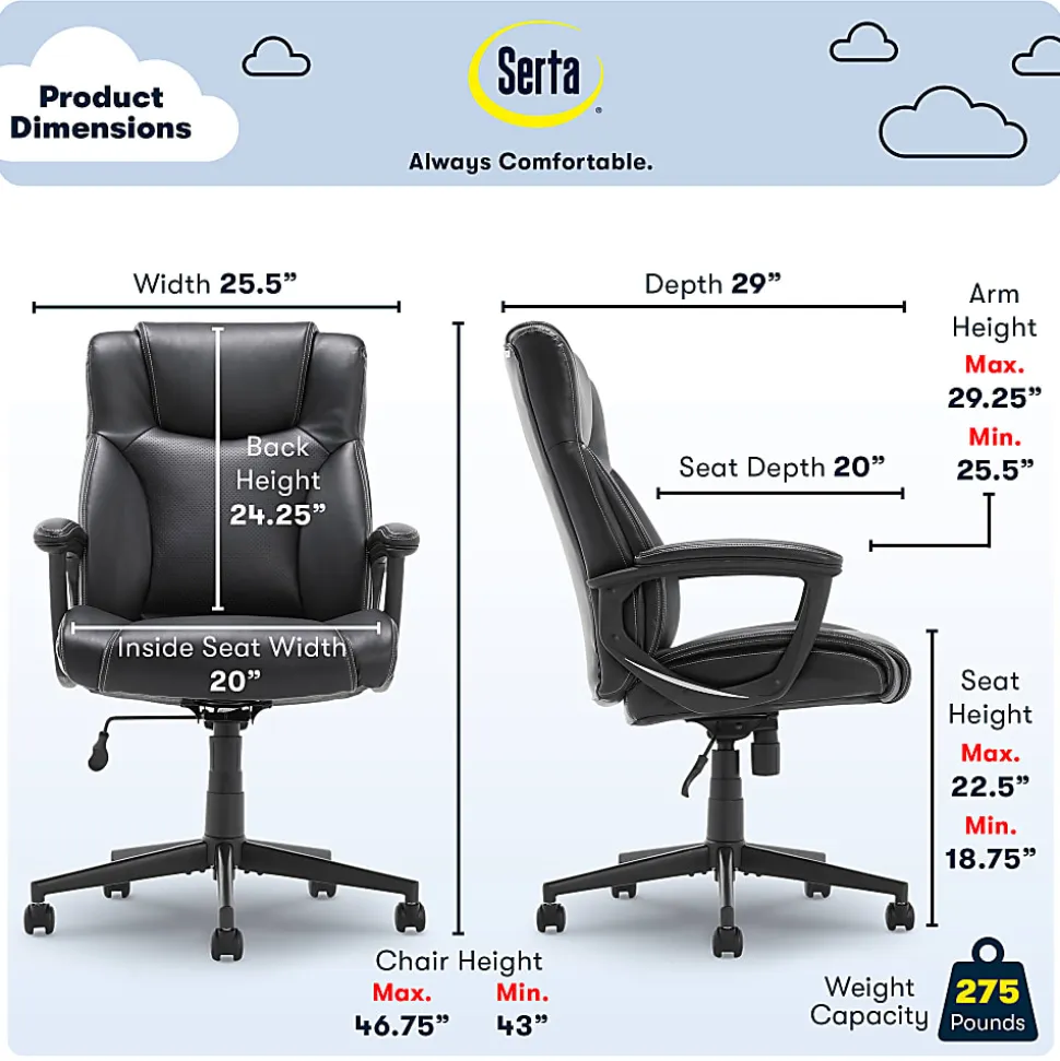 Serta® Connor Office Chair, Bonded Leather, Black