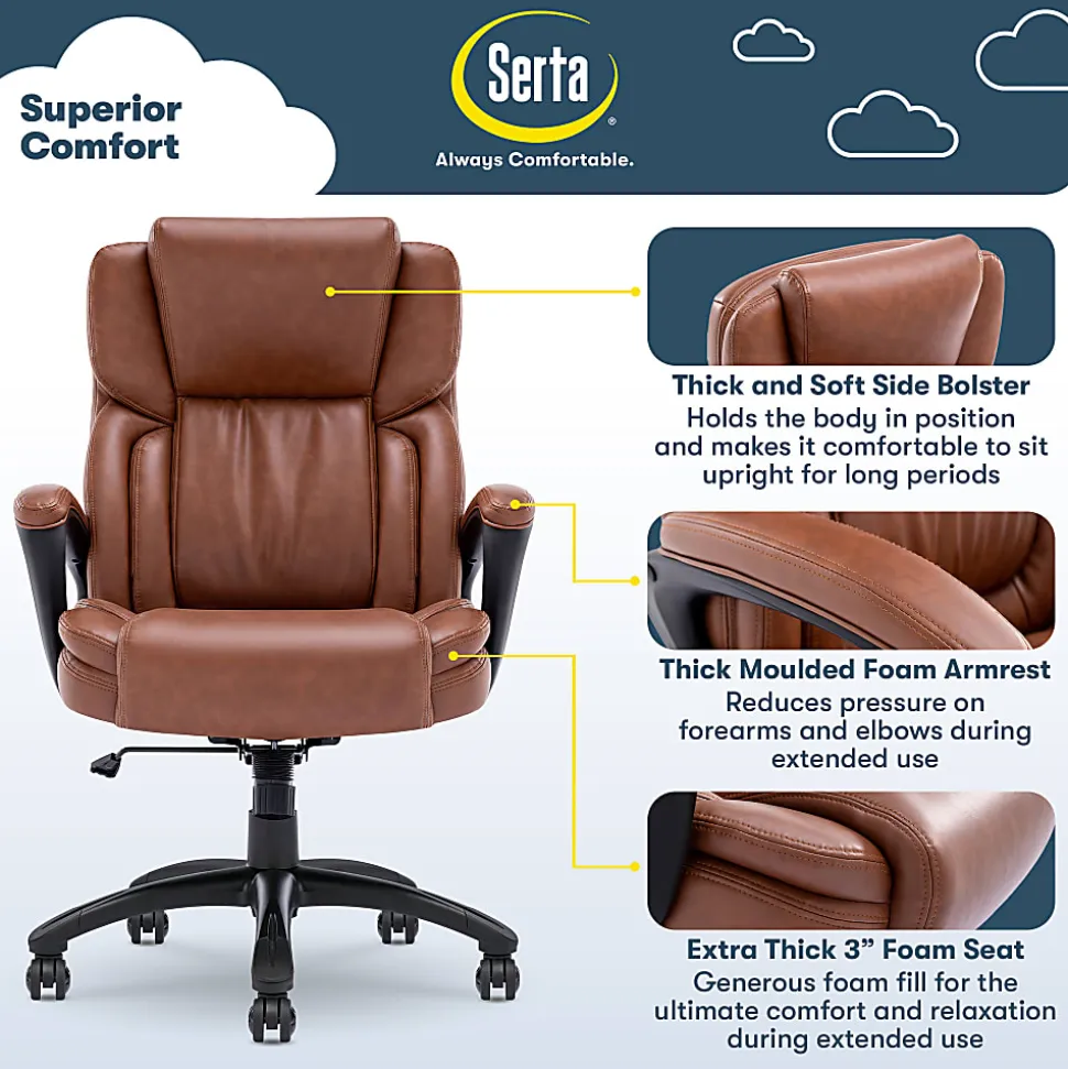 Serta Garret Ergonomic Bonded Leather High-Back Executive Chair, Cognac/Black