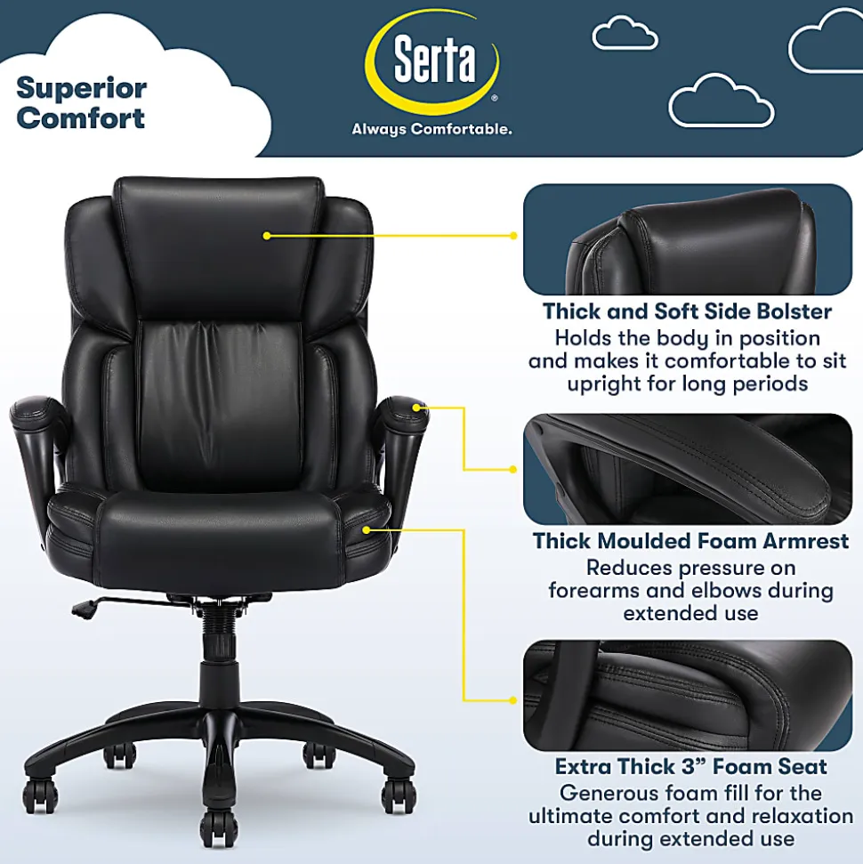 Serta Garret Ergonomic Bonded Leather High-Back Executive Chair, Space Black