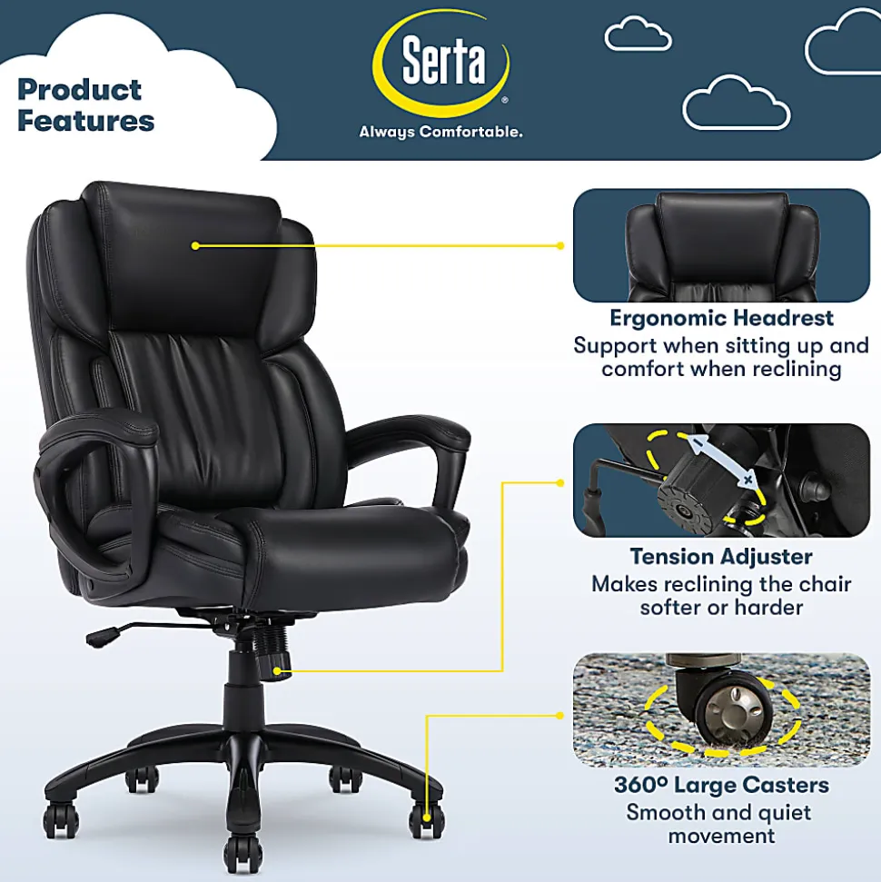Serta Garret Ergonomic Bonded Leather High-Back Executive Chair, Space Black
