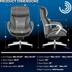 Serta® iComfort i6000 Big & Tall Ergonomic Bonded Leather High-Back Executive Office Chair, Gray/Silver