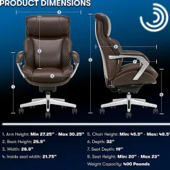 Serta® iComfort i6000 Big & Tall Ergonomic Bonded Leather High-Back Executive Office Chair, Brown/Silver