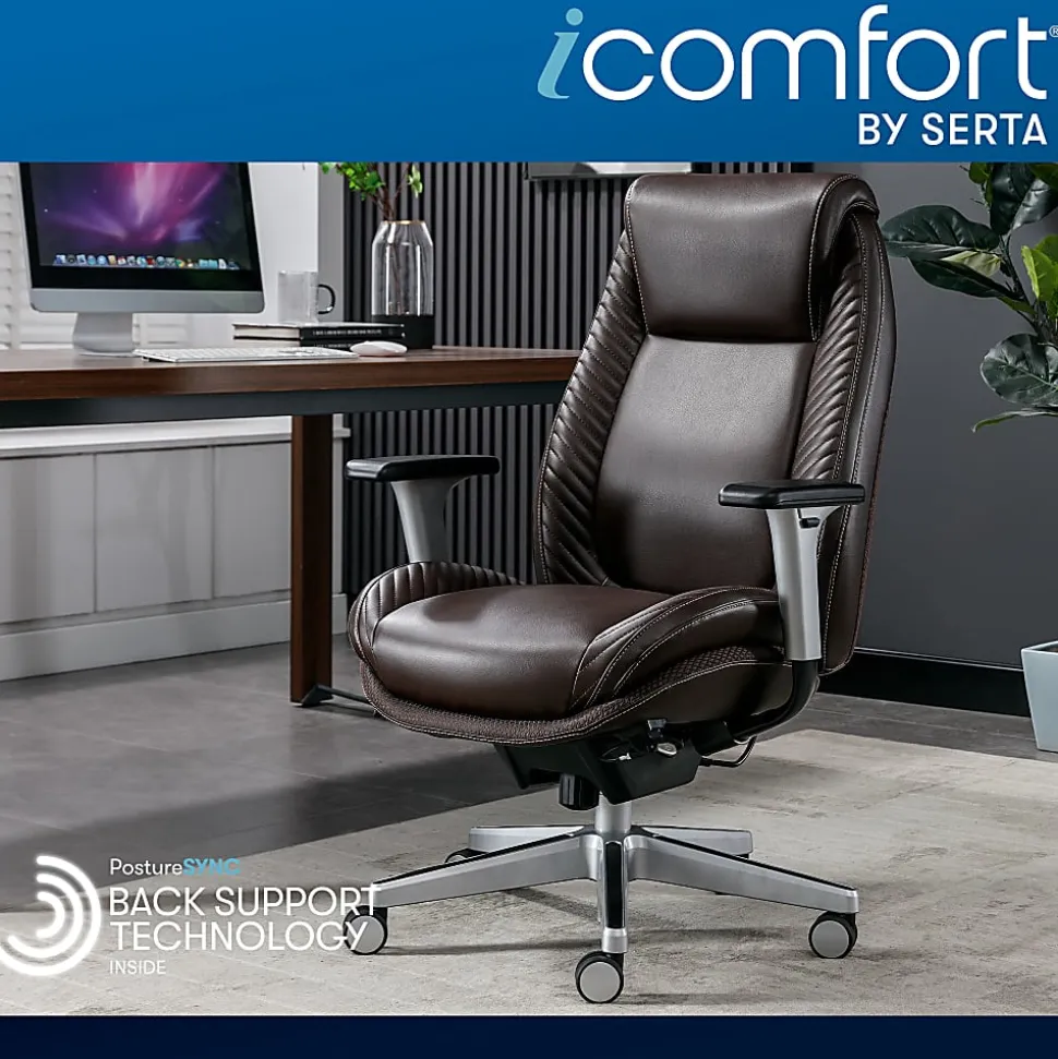Serta® iComfort i6000 Ergonomic Bonded Leather High-Back Manager Chair, Brown/Silver