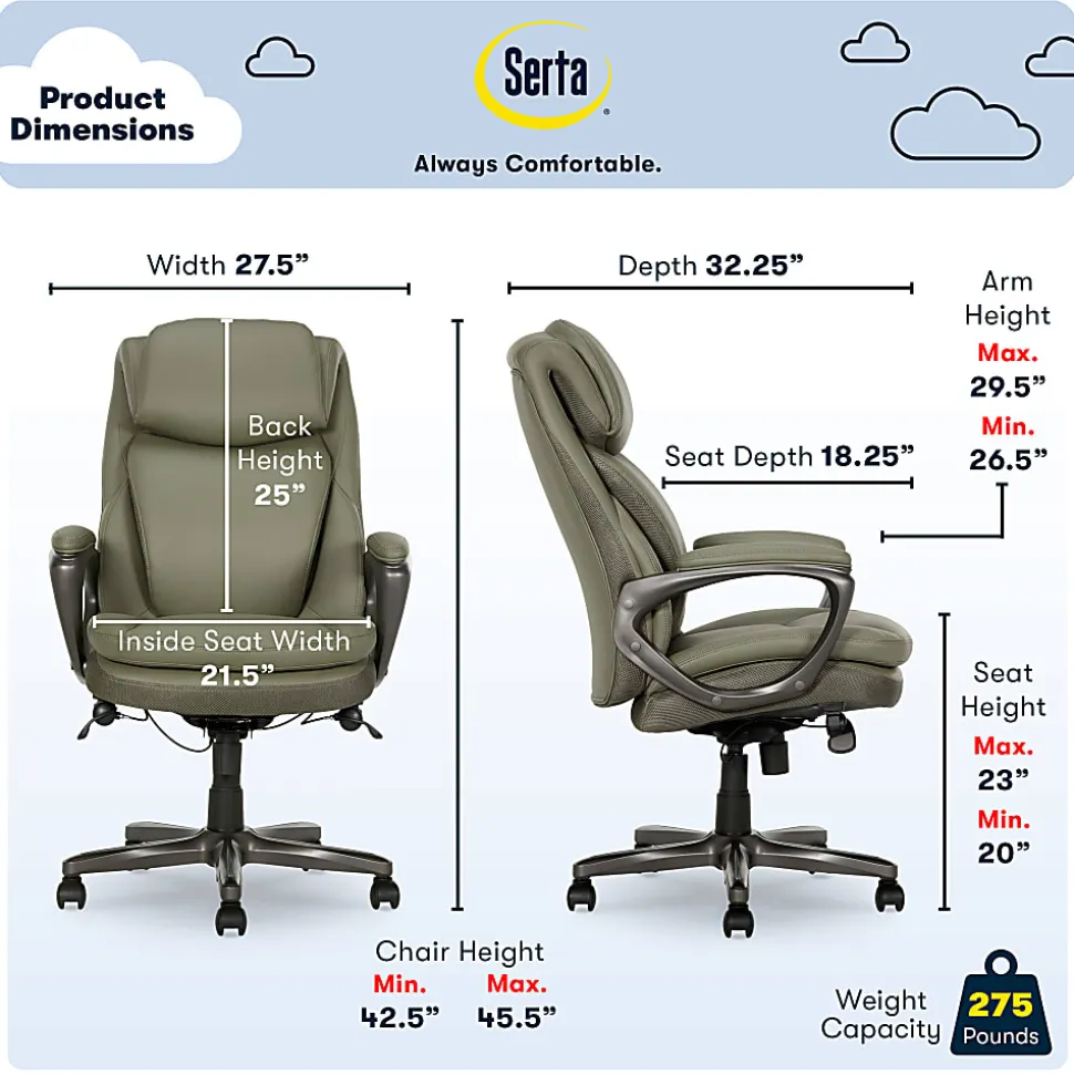 Serta Smart Layers Arlington Air Ergonomic Bonded Leather High-Back Executive Office Chair, Olive
