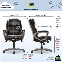 Serta Smart Layers Arlington AIR Ergonomic Bonded Leather High-Back Executive Chair, Brown