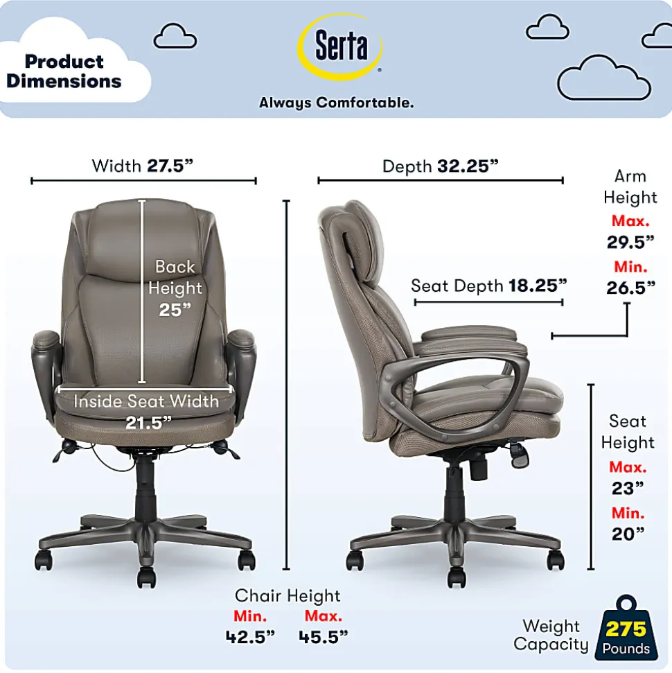 Serta Smart Layers Arlington AIR Ergonomic Bonded Leather High-Back Executive Chair, Taupe