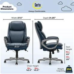 Serta® Smart Layers™ Arlington AIR™ Ergonomic Bonded Leather High-Back Executive Chair, Navy/Silver